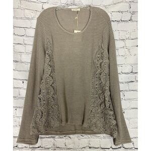 ANDTHEWHY‎ NWT Taupe Waffle Knit Lace Long Sleeve 1X Oversized Boho Top